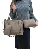 Kit 3 Peças Bolsa Feminina Estilo Tote com Bolsa Transversal e Necessaire Caqui