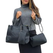 Kit 3 Peças Bolsa Feminina Estilo Tote com Bolsa Transversal e Necessaire Preto