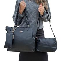 Kit 3 Peças Bolsa Feminina Preta Grande e Média + Necessarie