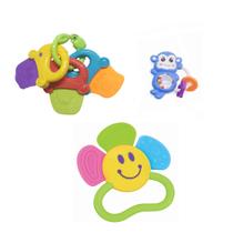 Kit 3 Peças Brinquedo Para Bebê com 2 Chocalhos e 1 Modedor