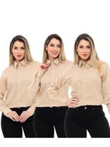 KIT 3 Peças - Camisa Social Feminina Premium Tipo Linho Bege