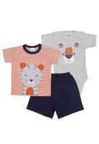 Kit 3 peças camiseta, body manga curta e shorts Best Club Baby cinza claro mescla, laranja e azul marinho com bordado tigre