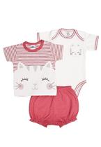 Kit 3 peças camiseta, body manga curta e shorts Best Club Baby off white e rosa cereja com bordado gato