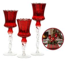 Kit 3 Peças Castiçal Vidro Vermelho Decoração Natal Velas