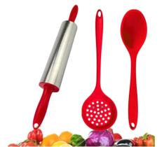 Kit 3 peças- Colher de Arroz, escumadeira, e rolo de massa- de silicone Kit 3 peças- Colher de Arroz, escumadeira, e rolo de massa- de silicone