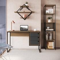 Kit 3 Peças com Escrivaninha 3 Gavetas, Prateleira Aérea e Estante Livreiro Telad