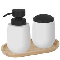 Kit 3 Peças Conjunto para Banheiro Dispenser Sabonete Liquido Porta Algodão ou Cotonete com Bandeja de Bambu Belly Soft