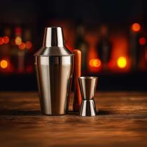 Kit 3 Peças Coqueteleira Drinks Caipirinha Inox Dosador Socador 500ml Profissional e Pessoal Kit 3 Peças Coqueteleira Drinks Caipirinha Inox Dosador Socador 500ml Profissional e Pessoal