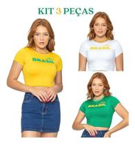 Kit 3 peças Cropped Brasil com Manga