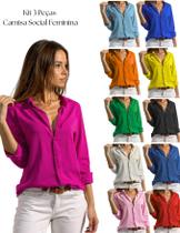 Kit 3 Peças De Camisa Social Feminina De Qualidade Sem Bolsos Em Alfaiataria Viscolinho Elegante Confortavel Combo