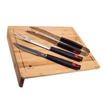 Kit 3 Peças De Churrasco Bela Home Preto com Tabua Bambu Pegador Garfo e Faca Media 45x38x8cm