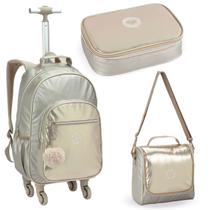 Kit 3 Peças Escolar Mochila de Rodinhas + Lancheira térmica + Estojo Menina Criança Adolescente Aulas Resistente Zíper Feminino Material