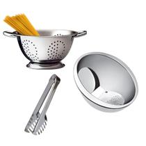 Kit 3 Peças Escorredor De Massa e Macarrão 24cm com Alça em Inox + Lavador de Arroz 25cm em Inox + Pegador de Saladas e - hypem