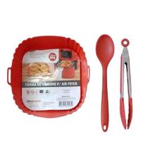 Kit 3 Peças Forro para Air Fryer Quadrada 21cm ,Pinça de 25cm e Colher de 27cm em Silicone Vermelho - UnyHome