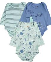 Kit 3 Peças Infantil Bebê Menino Body Cores Manga Longa Kiko Baby Estampa Dog Fecho Entrepernas