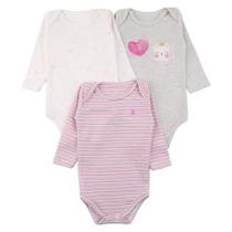 Kit 3 Peças Infantil Menina Body Cores Manga Longa Kiko Baby Estampa Gata Fecho Entrepernas