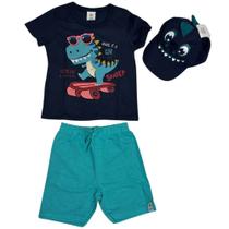 Kit 3 Peças Infantil Zig Zig Zaa: Camiseta + Bermuda + Bone - Em Algodão - Azul Marinho/Verde