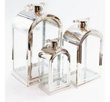 Kit 3 Peças Lanterna Marroquina Aço Inoxidável Prata Vidro Kit 3 Peças Lanterna Marroquina Aço Inoxidável Prata Vidro