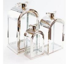 Kit 3 Peças Lanterna Marroquina Aço Inoxidável Prata Vidro Kit 3 Peças Lanterna Marroquina Aço Inoxidável Prata Vidro