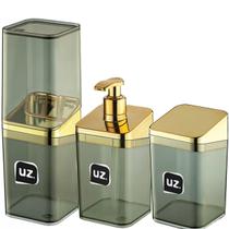 Kit 3 peças lavabo banheiro porta escova sabonete liquido algodão dourado - uz