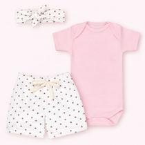 Kit 3 Peças Look Completo Bebê Menina Shorts Body e Faixa