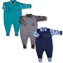 Kit 3 Peças Macacão Bebe Bordado Suedine Bicho Estampado Algodão Menino E Menina