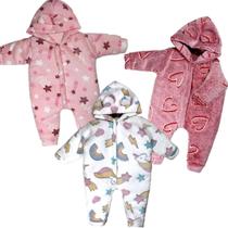 Kit 3 Peças Macacão Bebe Inverno Microfibra Com Capuz Menina Menino Kit 3 Peças Macacão Bebe Inverno Microfibra Com Capuz Menina Menino