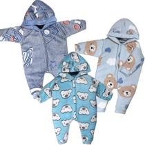 Kit 3 Peças Macacão Bebe Inverno Microfibra Com Capuz Menino Menina
