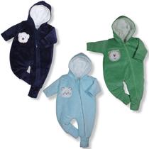 Kit 3 Peças Macacão Bebe Plush Bordado Capuz Pelúcia Menina