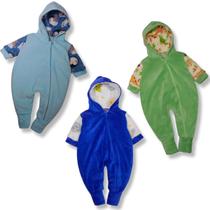 Kit 3 Peças Macacão Bebe Plush C/ Zíper Pelúcia Macio Menino