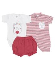 Kit 3 peças macacão curto, body manga curta e shorts Best Club Baby off white e rosa cereja com bordado urso