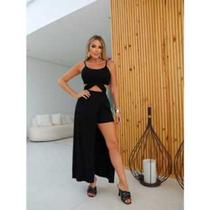 kit 3 peças Macacão macaquinho feminino Blusa cropped com bojo short saia embutido cor preto