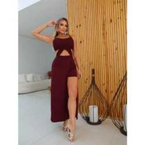 kit 3 peças Macacão macaquinho feminino Blusa cropped com bojo short saia embutido cor vinho