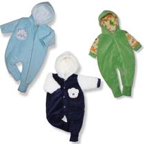 Kit 3 Peças Macacão Plush Bebe Bordado Capuz Pelúcia Menina Kit 3 Peças Macacão Plush Bebe Bordado Capuz Pelúcia Menina