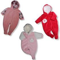 Kit 3 Peças Macacão Plush Bebe Bordado Capuz Pelúcia Menino