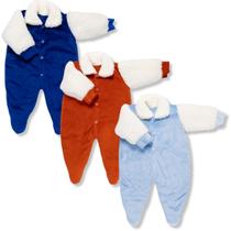 Kit 3 Peças Macacão Plush Com Gola Pele De Carneiro Inverno Menino Menina