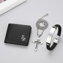 KIT 3 Peças Masculino: Carteira Premium + Colar Cruz Aço Inox + Pulseira Couro Trançado