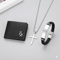 KIT 3 Peças Masculino: Carteira Premium + Colar Cruz + Pulseira Couro Aço Inox