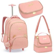 Kit 3 Peças Material Escolar Mochila C/ Rodinhas + Lancheira Térmica + Estojo Porta Lápis Caneta Apontador Aulas Resistente Menina Feminina