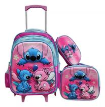 Kit 3 Peças Mochila Escolar De Rodinhas Infantil 3d Stitch Menino E Meninas