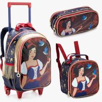 Kit 3 Peças Mochila Escolar Rodinhas Menina Branca De Neve