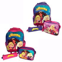 Kit 3 peças Mochila Infantil Escolar com desenhos de Princesas Rosa/Roxo + estojo e lancheira para viajem escola meninos crianças - Sortido