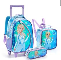 Kit 3 Peças Mochila Rodinha Frozen Princesa do Gelo Holográfica Com Estojo Lancheira Feminina