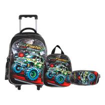 Kit 3 Peças Mochila Rodinha Menino Carrinho Lancheira Estojo