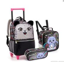 Kit 3 Peças Mochila Rodinha Paete Pelúcia Gato Preto Lantejoulas Com Estojo Lancheira Feminina Kit 3 Peças Mochila Rodinha Paete Pelúcia Gato Preto Lantejoulas Com Estojo Lancheira Feminina