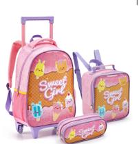 Kit 3 Peças Mochila Rodinha Sorvete Sweet Girl Novo Com Estojo Lancheira Feminina