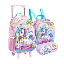 Kit 3 Peças Mochila Rodinha Unicórnio Com Estojo Lancheira Feminina