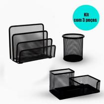 kit 3 peças organizador mesa escritorio home office preto - OrganizzzeLar