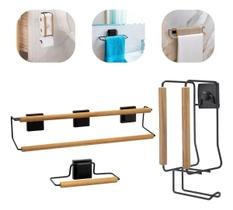 Kit 3 Peças para Banheiro com Toalheiros e Porta Papel Higiênico Preto Com Bambu Moderno Fita 3m Luxo Arthi Kit 3 Peças para Banheiro com Toalheiros e Porta Papel Higiênico Preto Com Bambu Moderno Fita 3m Luxo Arthi