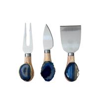 Kit 3 Peças Para Queijo de Bambu e Pedra Ágata Kit 3 Peças Para Queijo de Bambu e Pedra Ágata